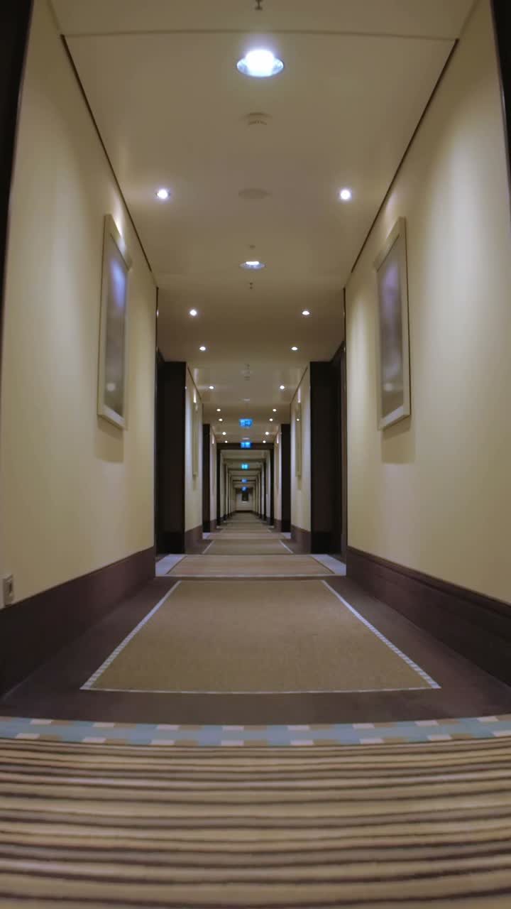 Long Hallway with Carpet and Exit Signs