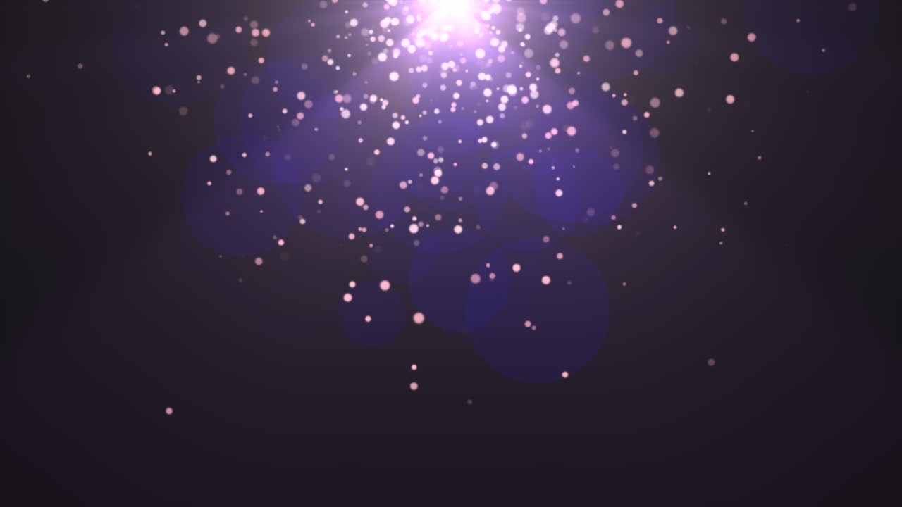 Motion and fly gold particles and round bokeh on purple dark background