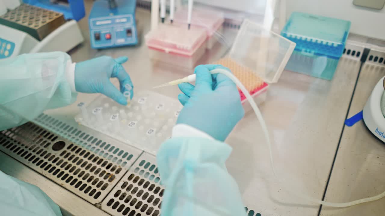 Laboratory assistant working with test tubes. Female hands in protective gloves filling vials with liquid by a special plastic tube in the laboratory.