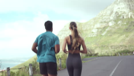 fitness, running and couple workout on a mountain