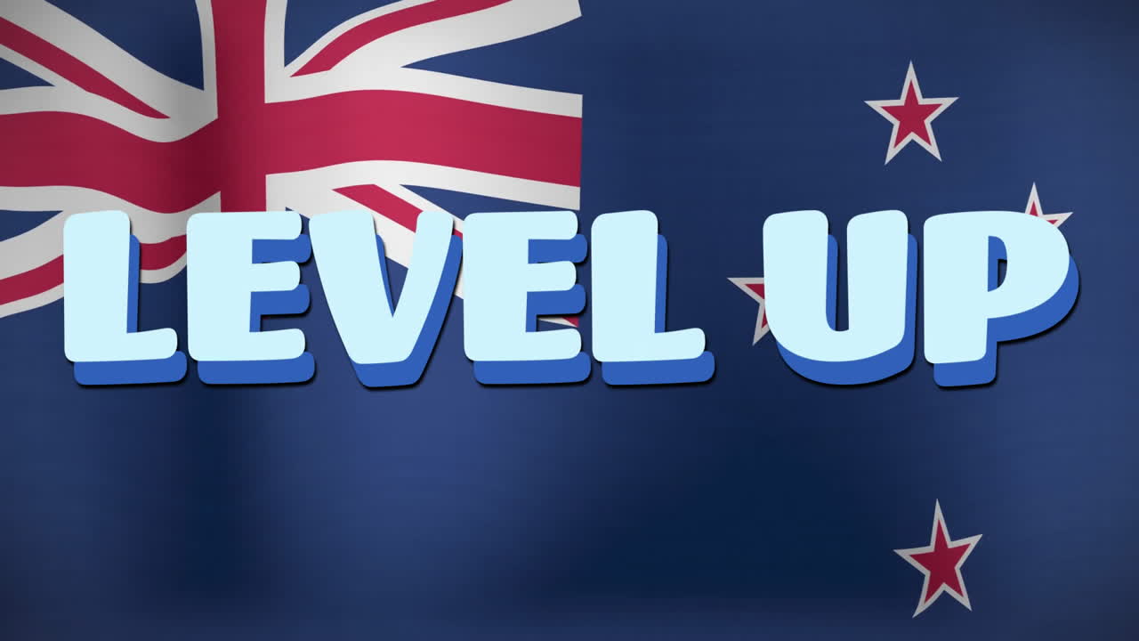Level up text animation over New Zealand flag background