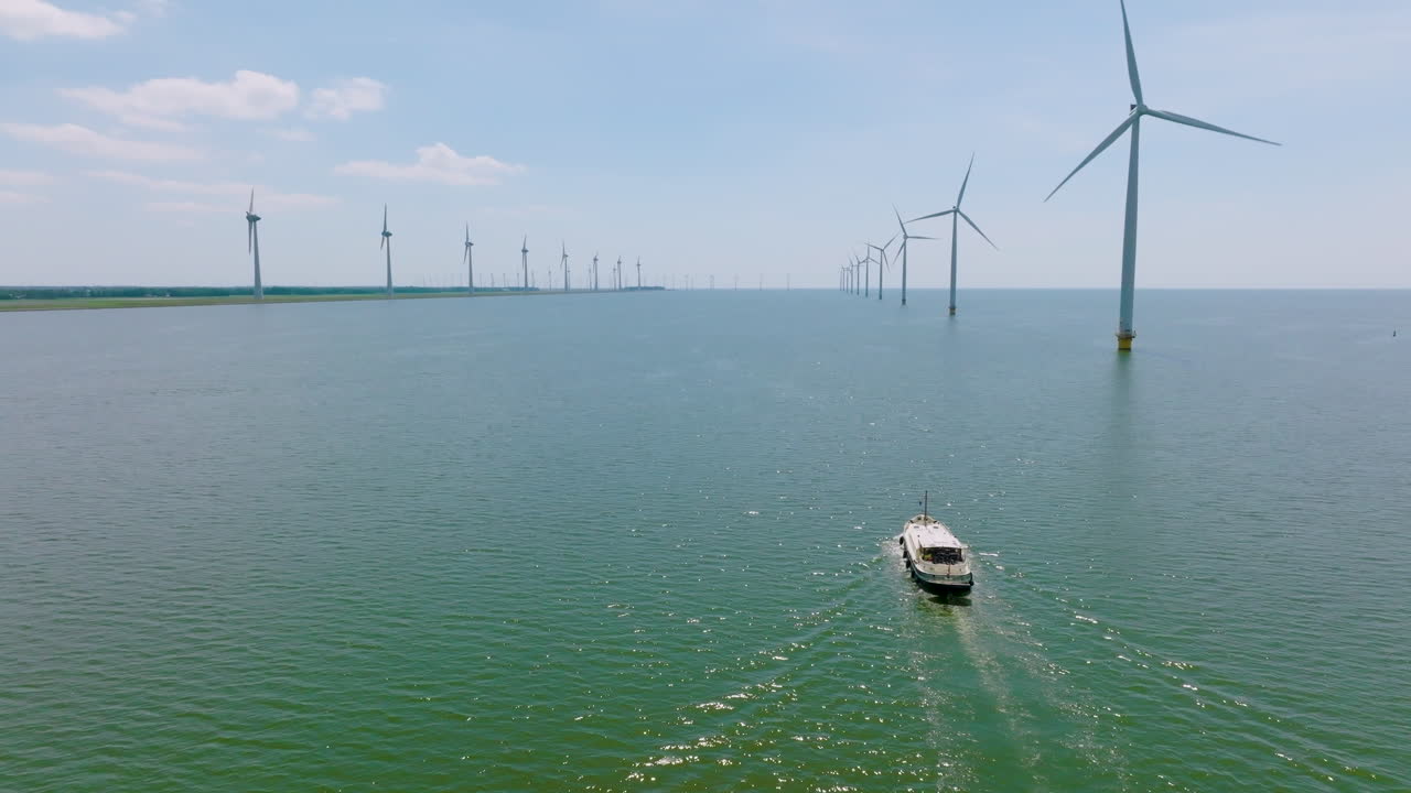 aerial view of row of wind turbines in Holland