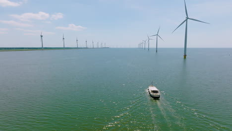aerial view of row of wind turbines in holland