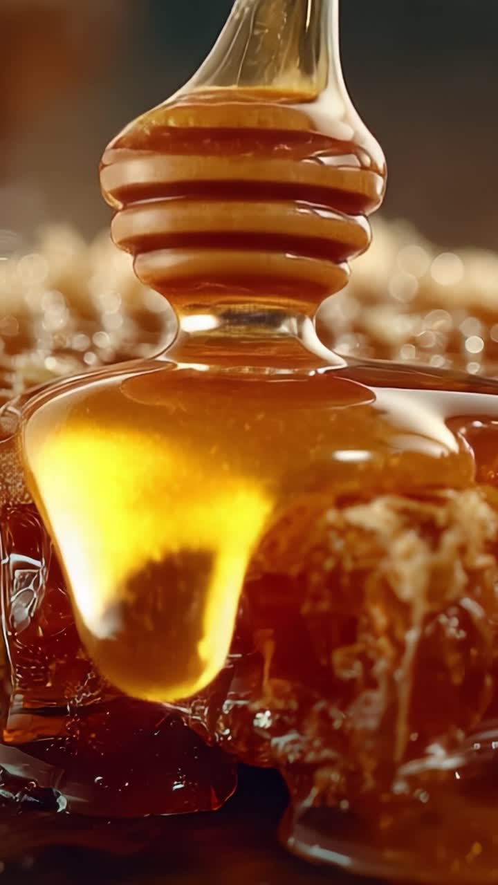 Primo Piano Accattivante di Miele Dorato che Cola e Luccica, Mostrando la Sua Natura Viscosa e la Ricca Consistenza in uno Spettacolo Abbagliante di Dolcezza e Bellezza Naturale
