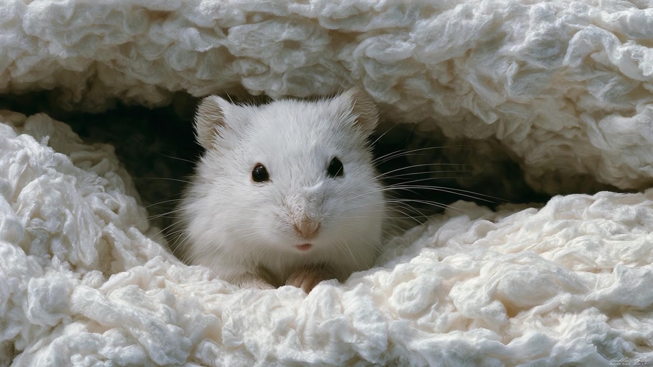 Roditore Curioso che Fa Capolino da un Nido Accogliente Circondato da Tessuti Morbidi – Un Primo Piano Accattivante di un Adorabile Topolino Bianco che Osserva il Suo Ambiente.