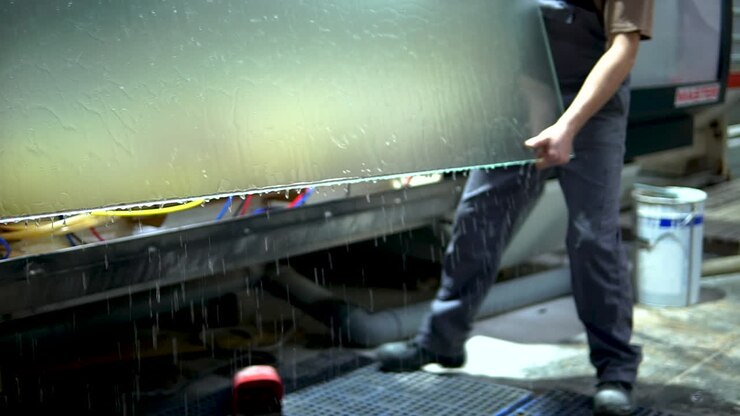 Workers shifting large sheets of glass from washer machine to the next processing unit at glass manufacturing industry