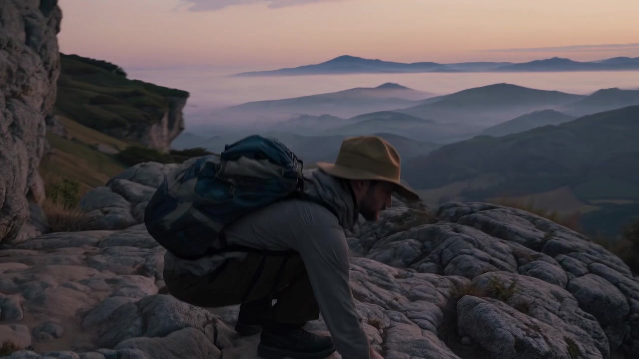 Hiker Standing on Rocky Mountain Peak at Sunset