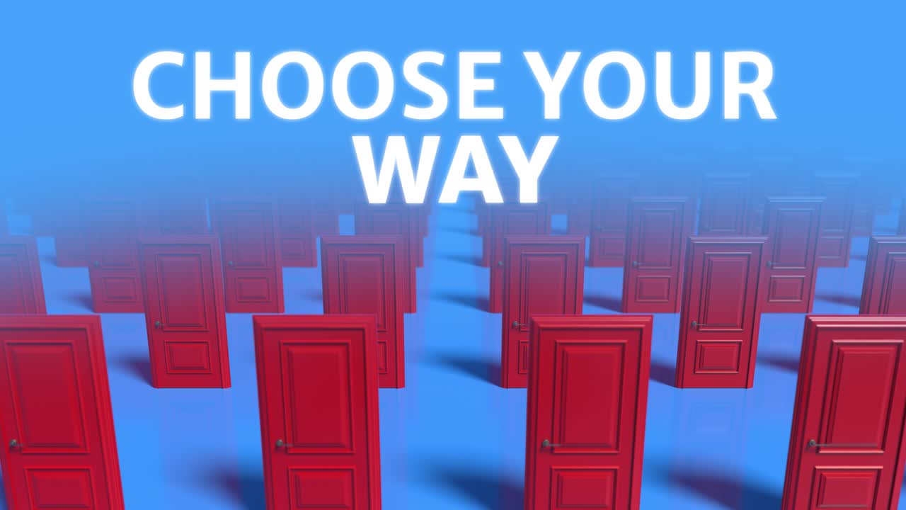 Choose your way. Rows of red wooden closed doors on a blue background. Choice, business and success concept. Welcome, new opportunity. Fog. 3d animation loop, 4K