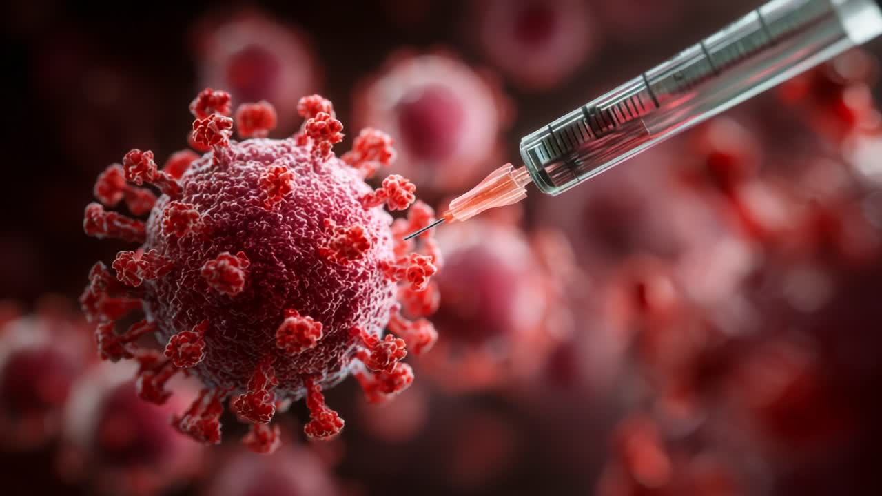 Intricate Visual of a Virus and Vaccine Interaction: A Close-Up on the Process of Injection, Showcasing the Syringe Engaging with the Viral Structure in High Detail