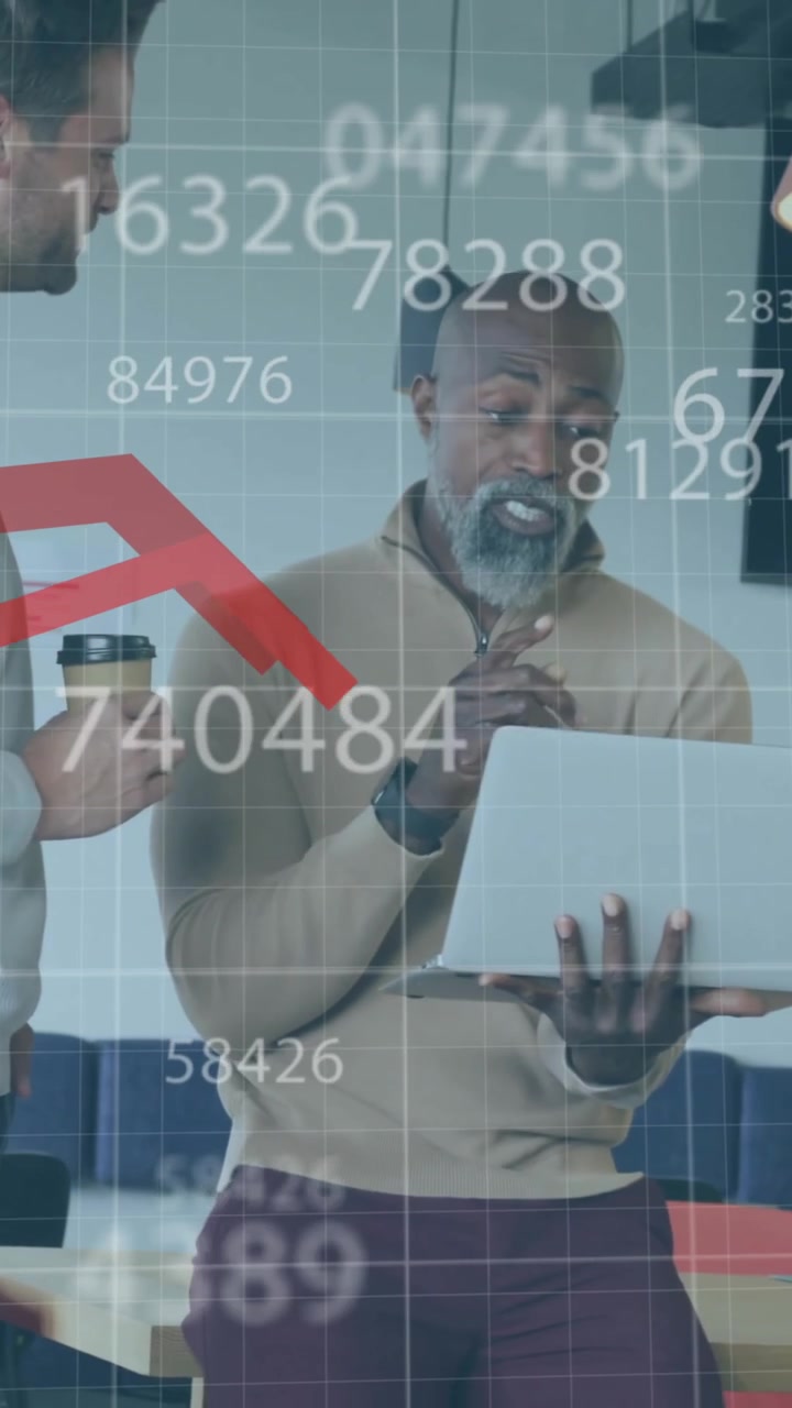 Animation of financial data processing over diverse business people in office