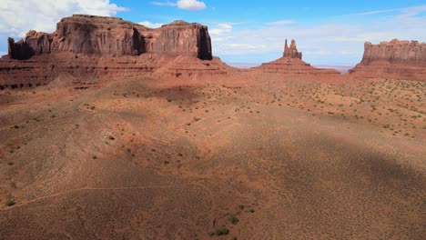 View-from-above-of-Monument-Valley-Desert-with-mountains-in-the-background,-showcasing-the-unique-rock-formations-and-arid-terrain