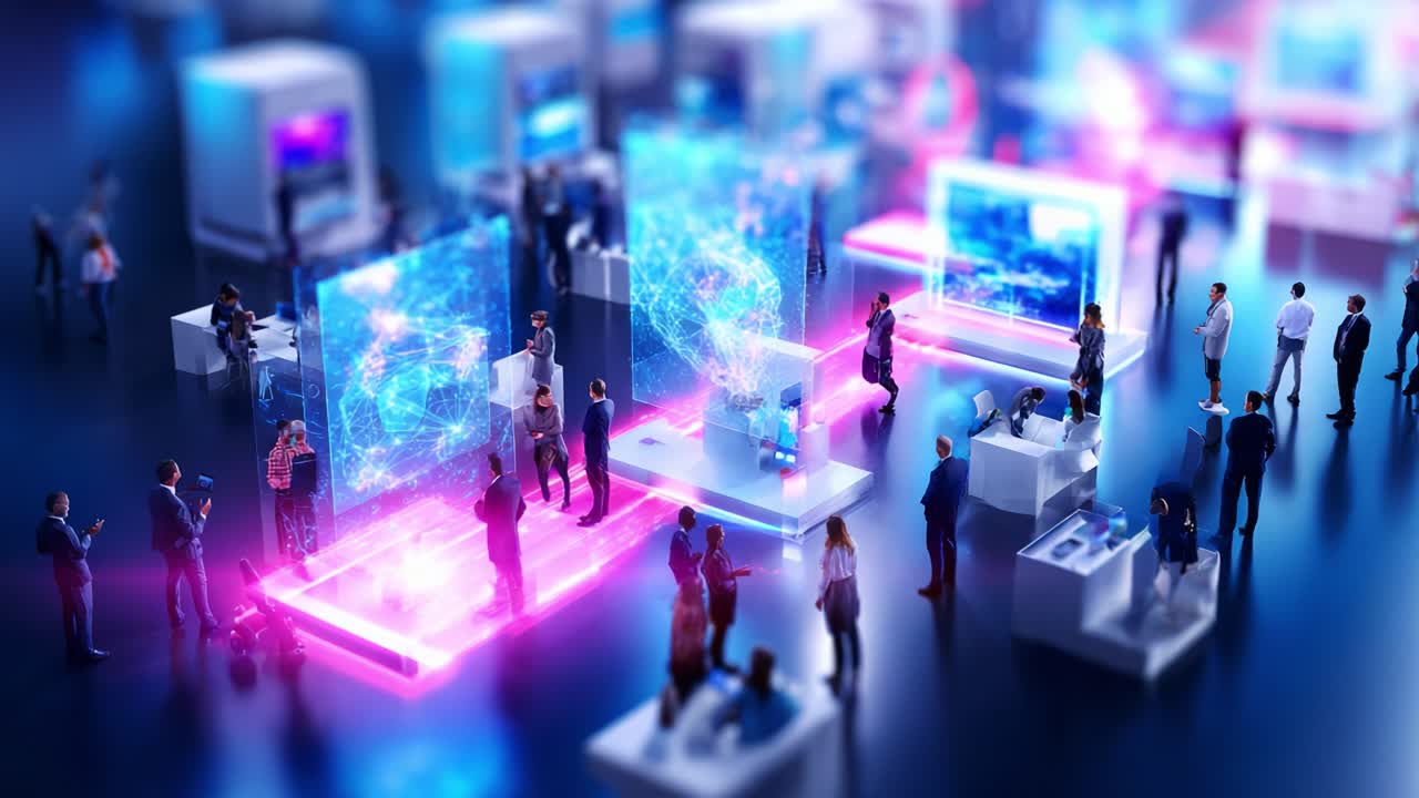 A Dynamic Technology Exhibition Showcasing Innovative Digital Displays and Engaged Participants Interacting with Futuristic Interfaces in a Vibrant Atmosphere of Connectivity and Innovation
