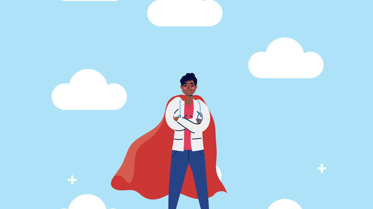médico afro con capa de héroe y nubes
