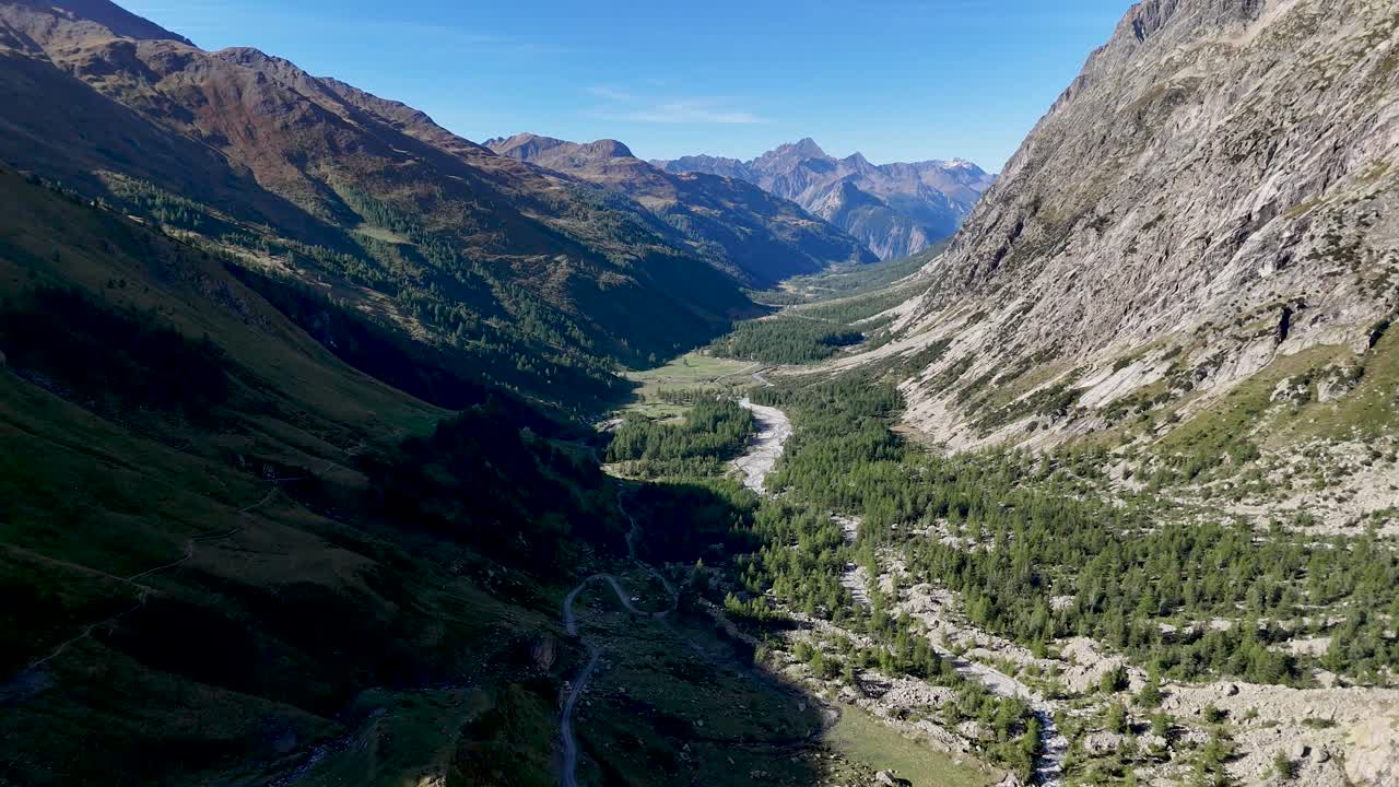 4K high resolution aerial drone video of the beautiful Arp Nouva Valley- ITALY. An integral part of the famous and beautiful TMB- Tour du Mont Blanc trail during a clear skies morning