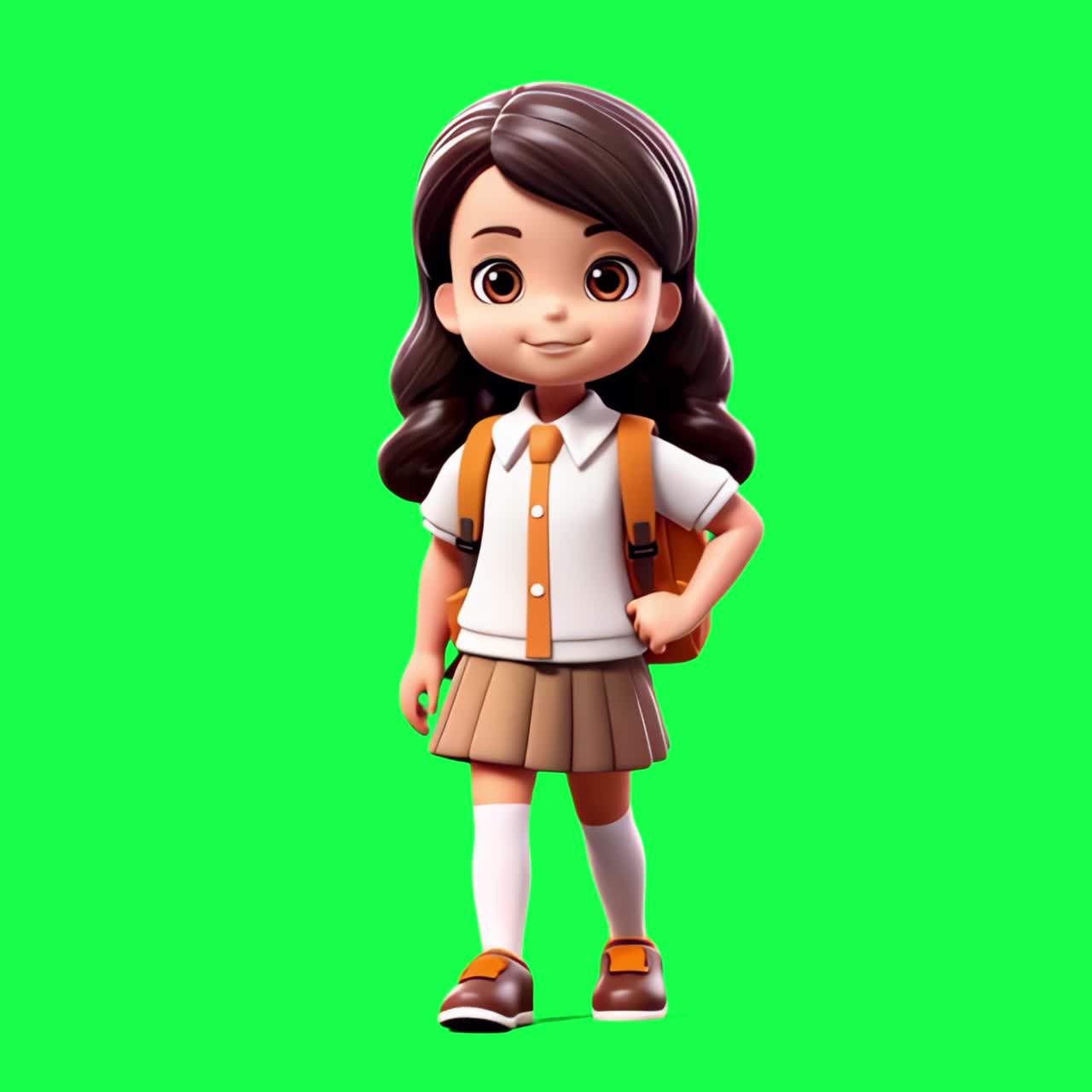 Cute schoolgirl cartoon character animation, transparent 4K video, green screen