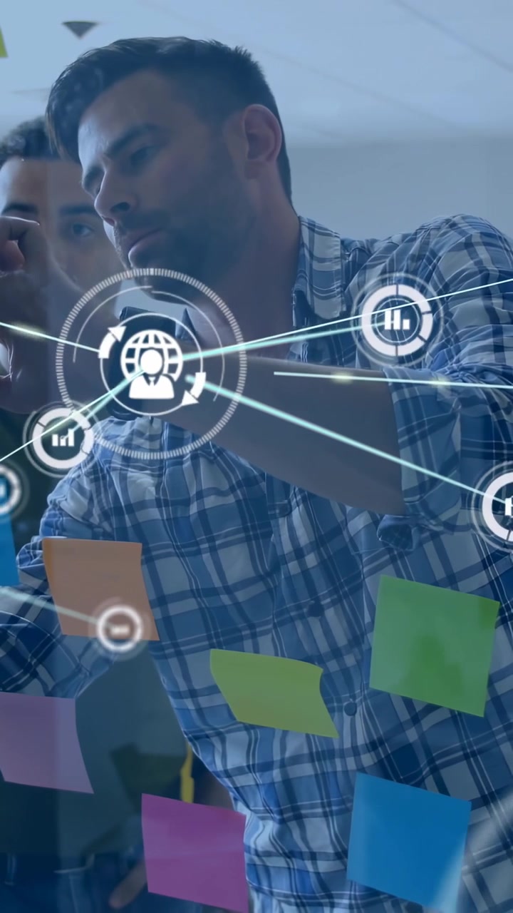 Vertical video: Plaid man picking marker, writing on glass while network linking notes for business