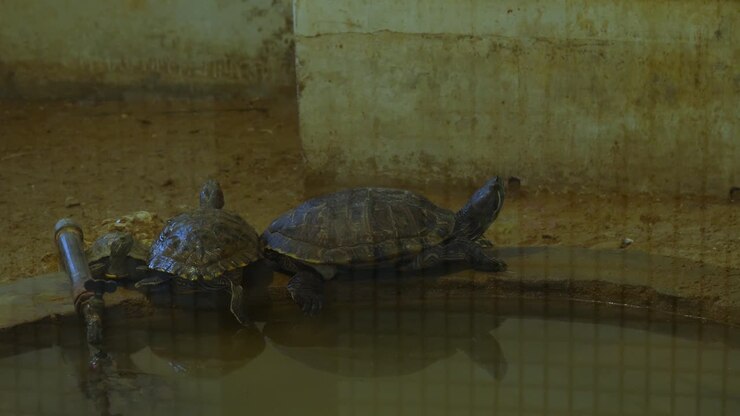 Group Of Turtles Perched On Edge Of Pond Inside Zoo Enclosure