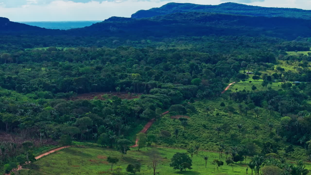 Drone view of the Amazon jungle in Colombia, showcasing dense forest cover, rich green canopy, and the expansive wilderness of the region