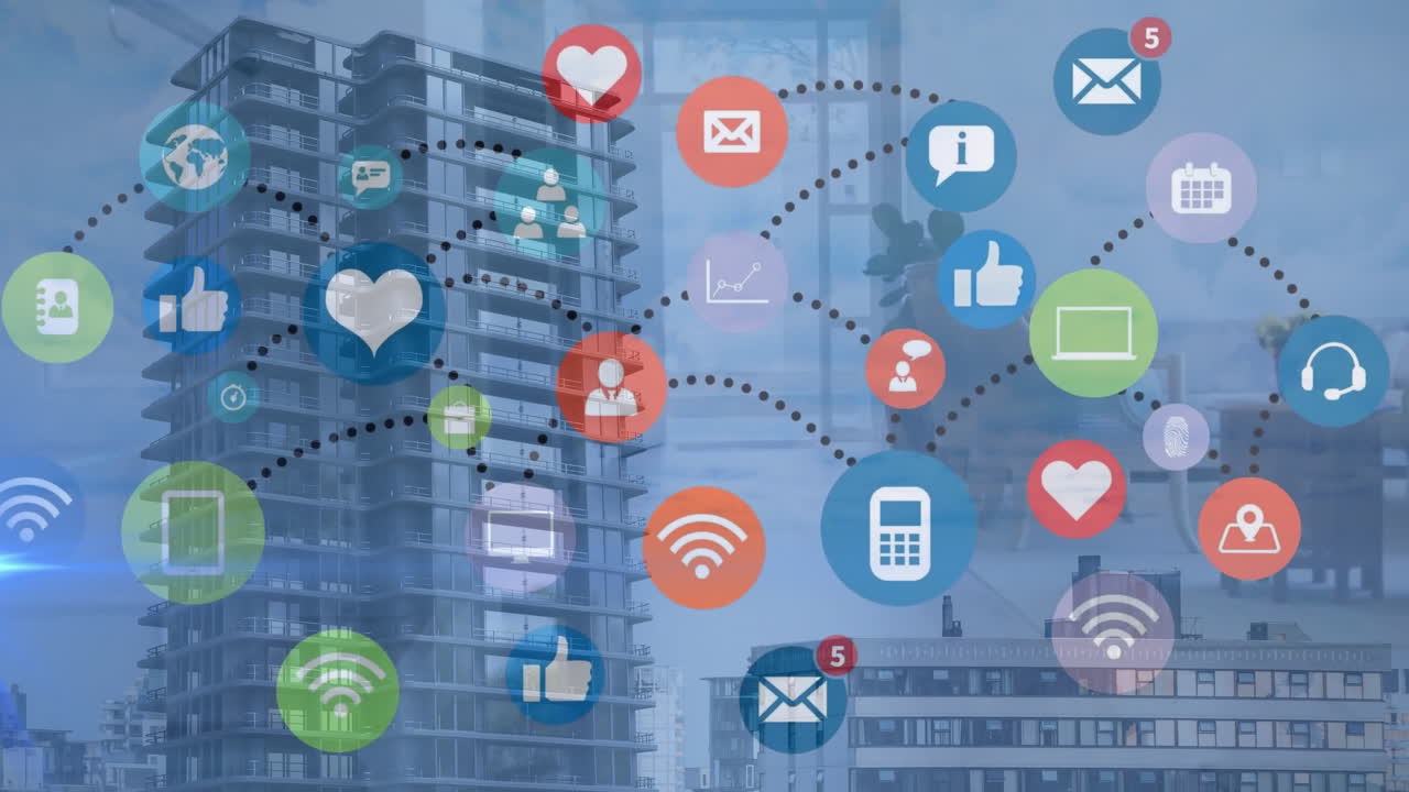 집의 현대적인 건물과 가구 위에 점으로 연결된 아이콘의 애니메이션