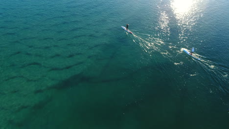 aerial view of paddle boarders out enjoying the calm flat crystal clear water on a beautiful morning in the gold coast qld australia