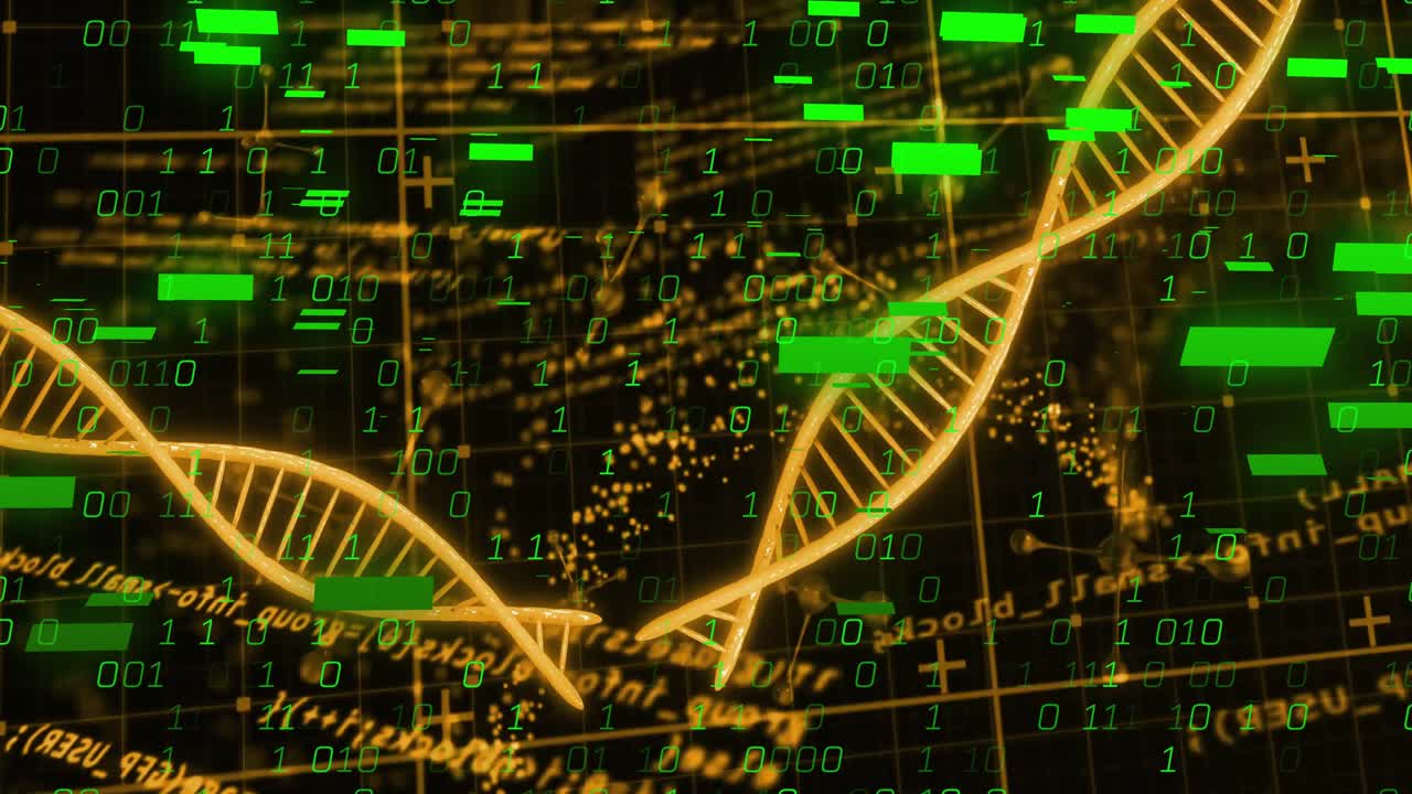 Grid opening, helix emerging and rotating, data bars floating, visualizing genetic integration