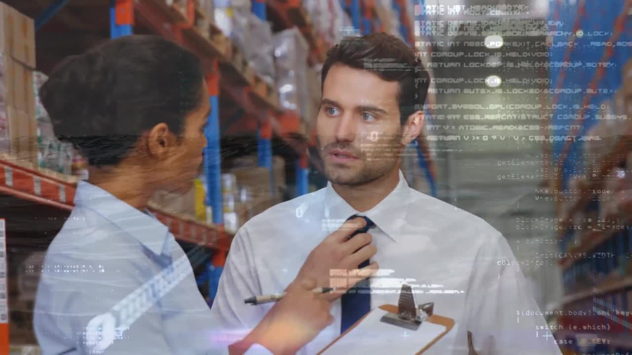 Animation of digital data processing over two diverse workers of warehouse