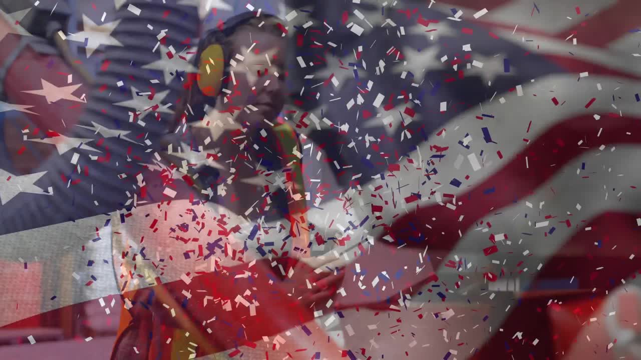 Animation of American flag waving over man in the background