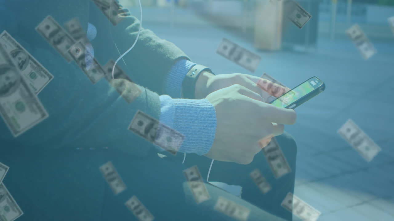 Using smartphone, person surrounded by floating dollar bills animation overlay