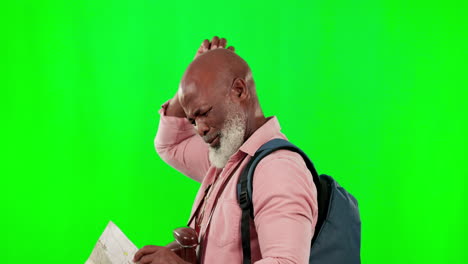 Black-man,-lost-and-map-on-green-screen
