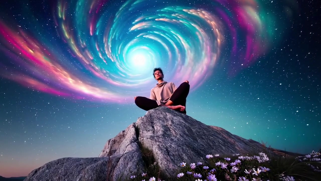 Uomo che medita su una montagna sotto un cielo con vortice cosmico