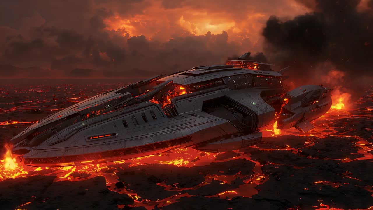 Settling camera revealing spacecraft steaming in lava field, with smoke plumes and embers pulsing