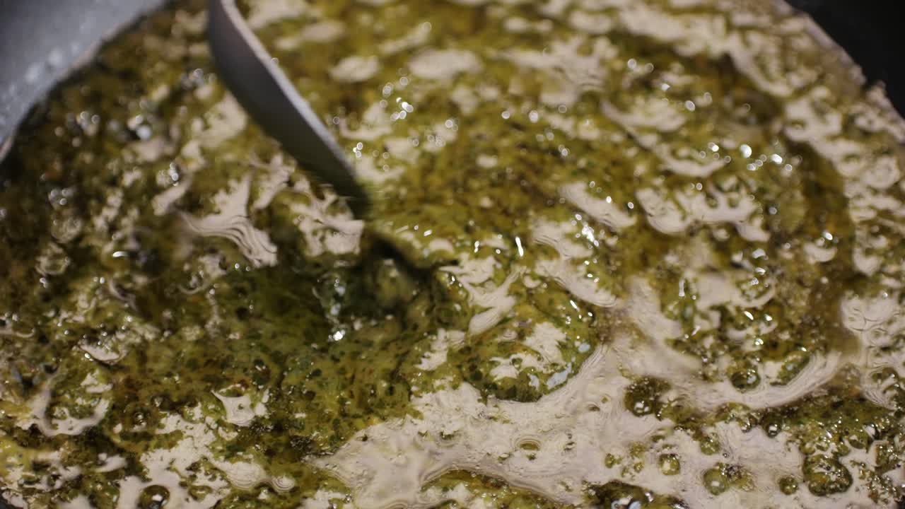Preparing a Green Sauce in a Pan