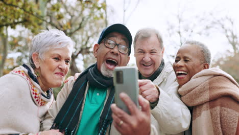 Joke,-funny-and-group-of-senior-friends-in-a-park