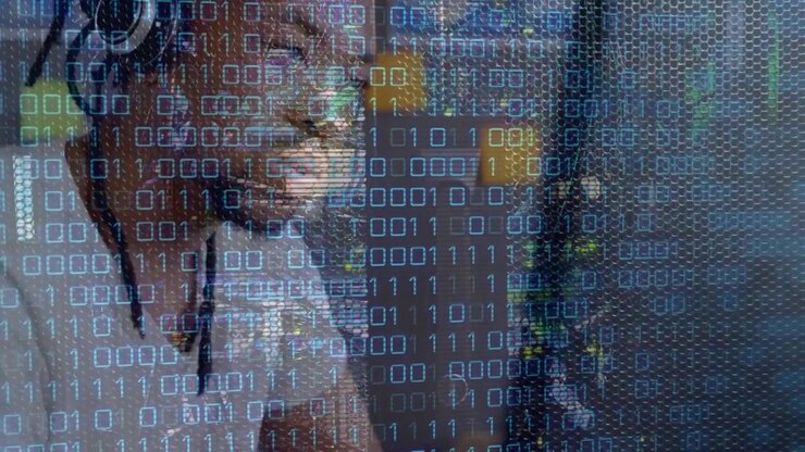 Animation of binary coding data processing over businessman wearing vr headset