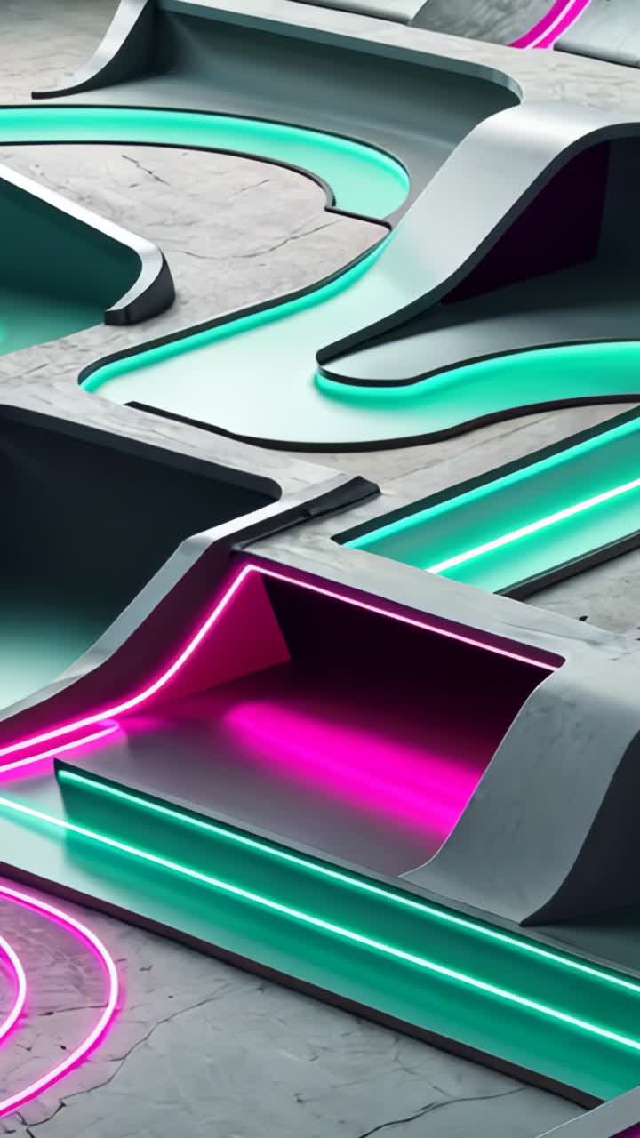 Vídeo vertical: cámara que orbita alrededor de una escultura iluminada con neón en un estudio, revelando franjas cian magenta