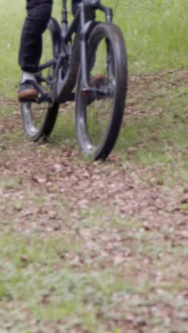 Vertical-Video-Of-Man-On-Mountain-Bike-Cycling-Along-Dirt-Trail-Through-Woodland-5