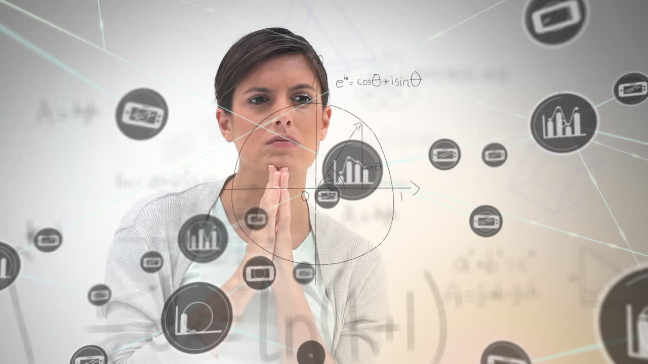 animación de la red de conexiones con iconos sobre el pensamiento de la mujer de negocios