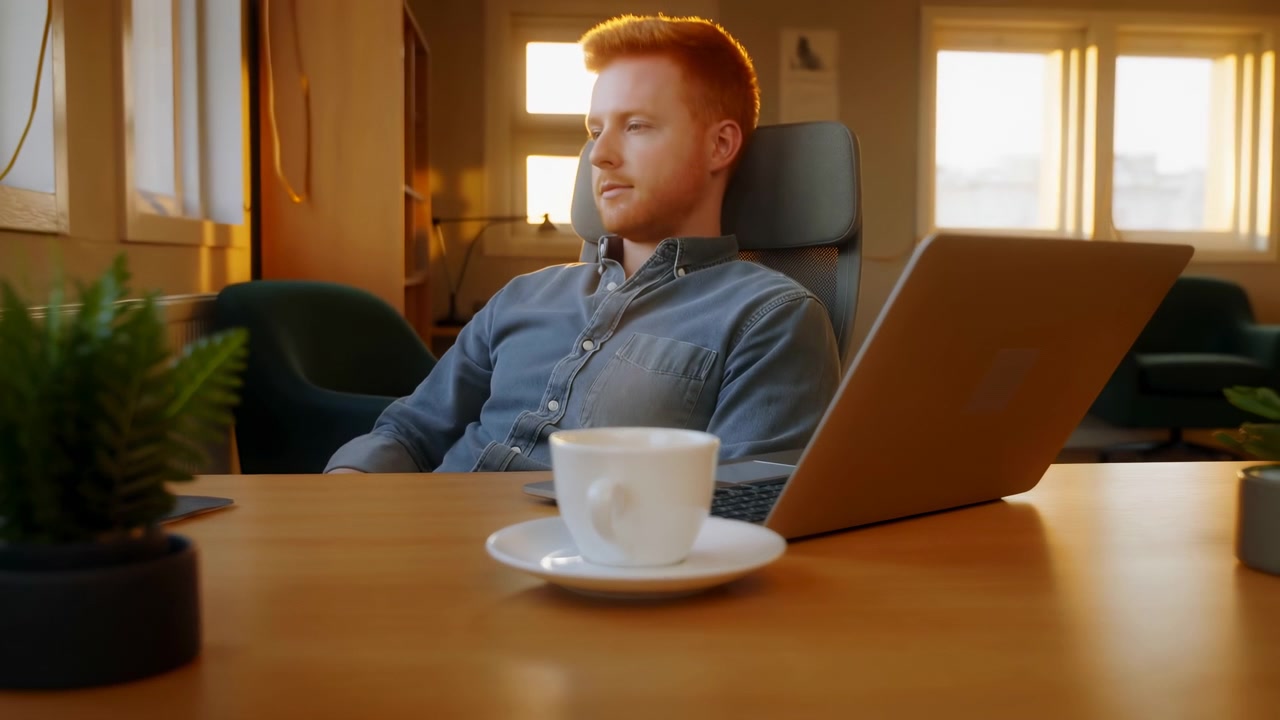 Focus shifts from a sharp ceramic cup in foreground to a man resting in an office chair beside an open laptop, while golden window light warms the wooden desk and softly lit room.