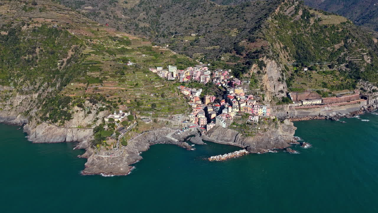 Manarola, a coastal village in cinque terre, italy, with colorful buildings, aerial view