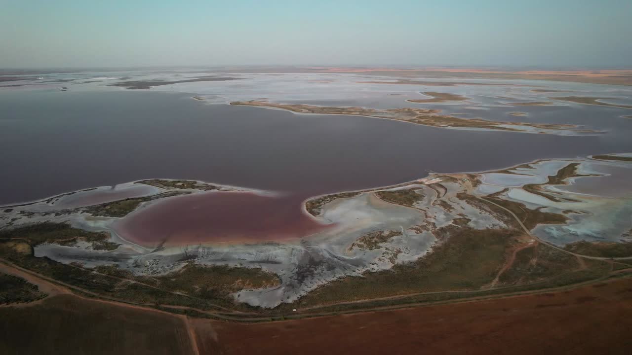 Lake Tyrrell pink salt lake natural colour twilight aerial, Victoria Australia
