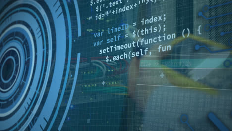 Animation of data processing over caucasian server room worker