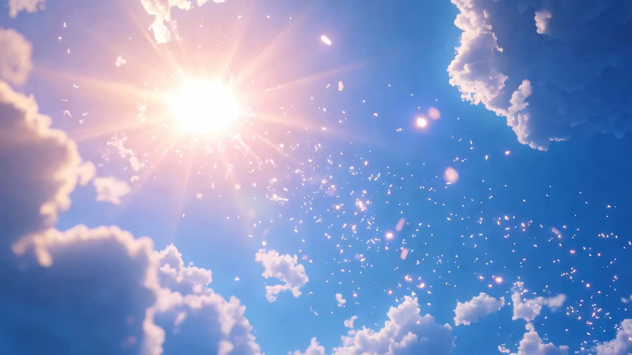 A cinematic video captures a low-angle view of a bright sun with fluffy clouds, creating a dreamy