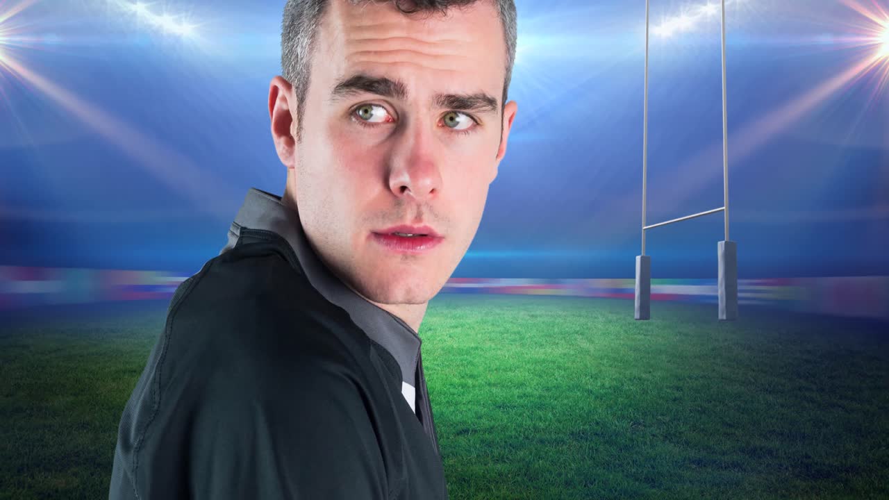 경기장 위에 공을 들고 있는 백인 남성 럭비 선수의 애니메이션