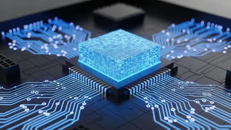 a highly detailed close-up of a blue-lit microchip surrounded by intricate circuitry, showcasing modern technology and innovative design in a high-tech environment