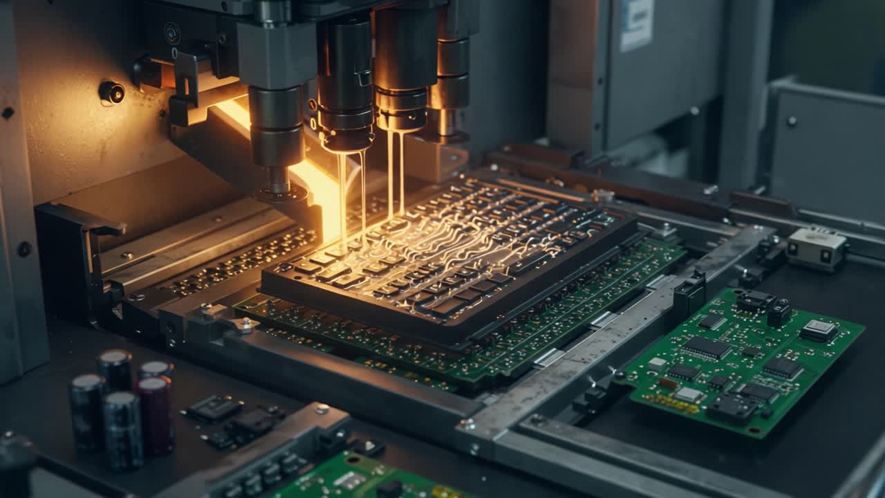 High-Tech Manufacturing Process: Precision Application of Solder on Circuit Boards with Advanced Robotics and Automated Equipment in a Modern Electronics Facility