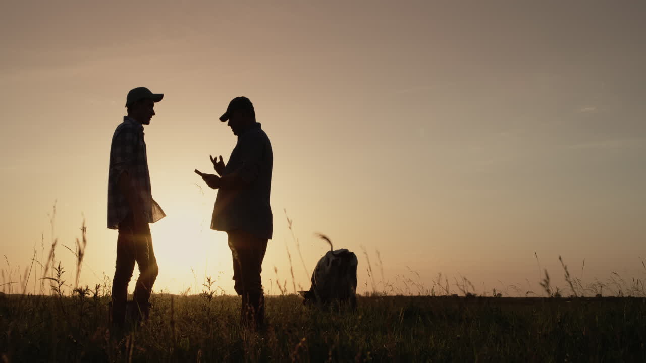 농부들은 목초지에 서서 태블릿을 사용합니다