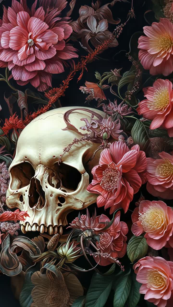 Un concetto video artistico in primo piano che raffigura un teschio circondato da vivaci fiori rosa.