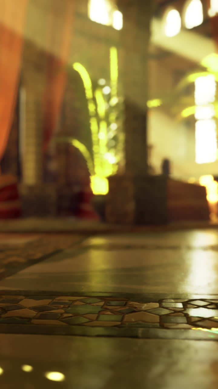 Luxurious interior of a sunlit hall with plants and artistic decor