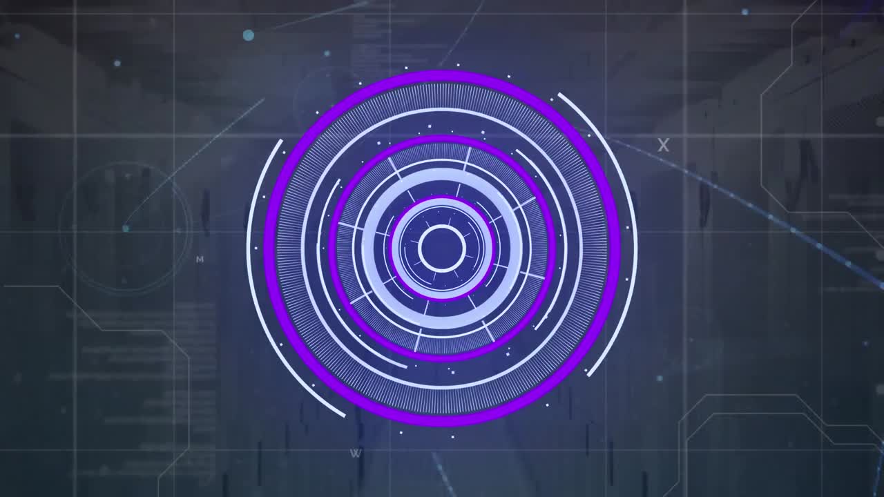 animación del escáner redondo de neón, red de conexiones y procesamiento de datos contra la sala de servidores