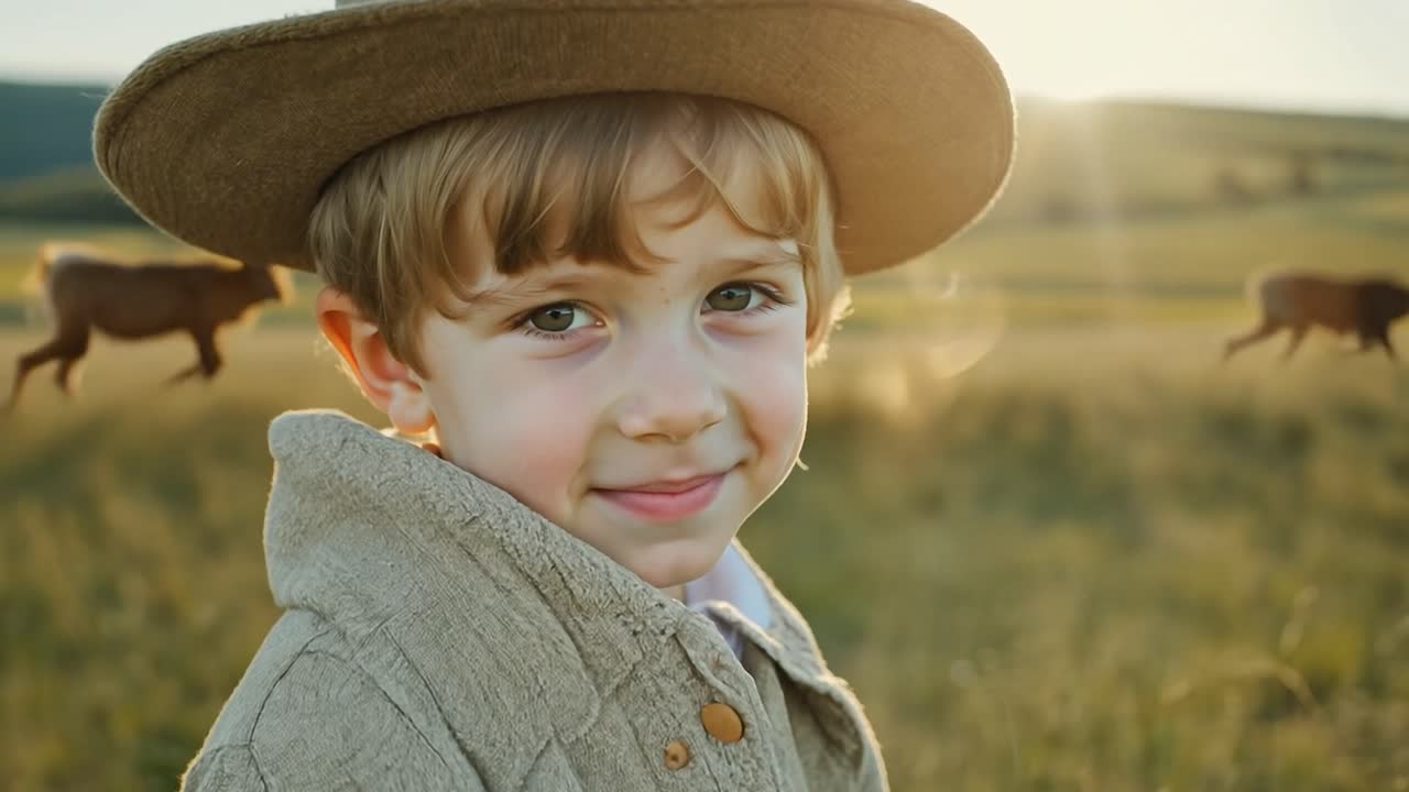 joven pastor sonriendo en un campo durante una hermosa puesta de sol, capturando la esencia de la alegría de la infancia rural